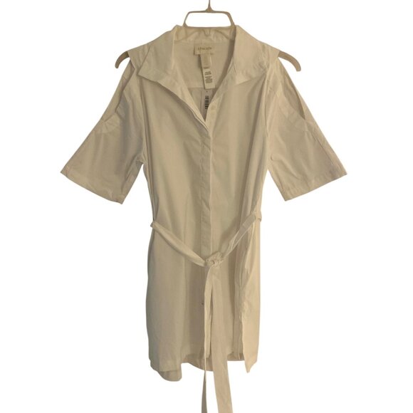 CHICO'S Solid White Cold Shoulder Sleeve Belted Women's Poplin Shirt NWT Size 0 - Picture 1 of 6